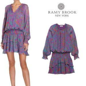 NWT Boho Ramy Brook Chiffon Dresses Rosanna Printed Long-Sleeve Mini Dress